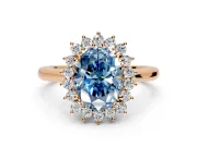 Starburst Halo Engagement Ring Setting for Fancy Blue Oval Center with Thin Round-Wire Band and Prong Head in Rose Gold