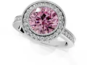 Halo Engagement Ring Setting for Fancy Pink Round Cut Center with Milgrain Halo, Pave Band and Prong Head in Sterling Silver