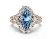 Halo Engagement Ring Setting for Fancy Blue Marquise Center with Two-Strand Split Shank and Prong Head in Rose Gold