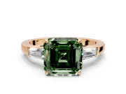3 Stone Engagement Ring Setting for Fancy Green Asscher Cut Center with Baguette Accents and Prong Head in Rose Gold