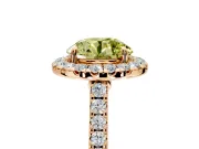 Halo Engagement Ring Setting for Fancy Yellow Round Cut Center with Narrowing Pave Band and Prong Head in Rose Gold