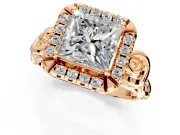 Halo Engagement Ring Setting for Princess Cut Center with Open Scroll Shoulders and Prong Head in Rose Gold