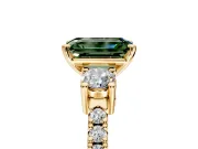 3 Stone Engagement Ring Setting for Fancy Green Emerald Cut Center with Round Cut Side Accents and Prong Head in Yellow Gold
