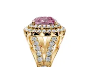 Double Halo Engagement Ring Setting for Fancy Pink Cushion Cut Center with Narrow Pave Split Shank and Prong Head in Yellow Gold