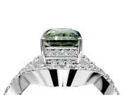 Halo Engagement Ring Setting for Fancy Green Radiant Cut Center with Pave Infinity Twist Band and Prong Head in White Gold