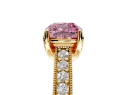 Solitaire Engagement Ring Setting for Fancy Pink Cushion Cut Center with Milgrain-Framed Pave Band and Prong Head in Yellow Gold