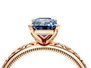 Solitaire Engagement Ring Setting for Fancy Blue Emerald Cut Center with XO Engraved Band and Prong Head in Rose Gold