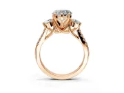 3 Stone Engagement Ring Setting for Heart-Shaped Center with Crossover Basket, Pave Band and Prong Head in Rose Gold