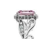 Halo Engagement Ring Setting for Fancy Pink Emerald Cut Center with Leaf Motif Split Shank and Prong Head in Sterling Silver