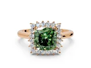 Starburst Halo Engagement Ring Setting for Fancy Green Cushion Cut Center with Thin Round-Wire Band and Prong Head in Rose Gold
