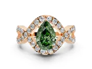 Halo Engagement Ring Setting for Fancy Green Pear-Shaped Center with Pave Infinity Twist Band and Prong Head in Rose Gold