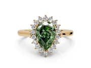 Starburst Halo Engagement Ring Setting for Fancy Green Pear-Shaped Center with Thin Round-Wire Band and Prong Head in Yellow Gold