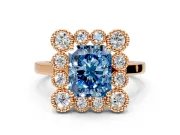 Cluster Halo Engagement Ring Setting for Fancy Blue Radiant Cut Center with Milgrain Bezel Accents and Prong Head in Rose Gold