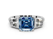Channel-Set Engagement Ring Setting for Fancy Blue Asscher Cut Center with Baguette Band and Prong Head in Sterling Silver