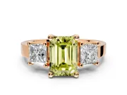 3 Stone Engagement Ring Setting for Fancy Yellow Emerald Cut Center with Matching Side Accents and Prong Head in Rose Gold