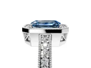 Milgrain Halo Engagement Ring Setting for Fancy Blue Emerald Cut Center with Wide Pave Band and Prong Head in Sterling Silver