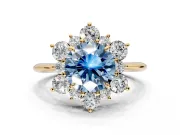 Small-Accent Cluster Halo Engagement Ring Setting for Fancy Blue Round Cut Center with Plain Band and Prong Head in Yellow Gold