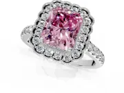 Milgrain Floral Halo Engagement Ring Setting for Fancy Pink Radiant Cut Center with Pave Band and Prong Head in Platinum