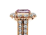 Large Accent Halo Engagement Ring Setting for Fancy Pink Emerald Cut Center with Pave Split Shank and Prong Head in Rose Gold