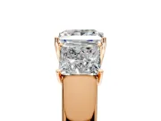 3 Stone Engagement Ring Setting for Princess Cut Center with Raised Basket Heads and Prong Head in Rose Gold
