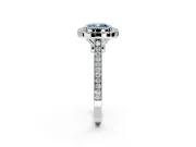Halo Engagement Ring Setting for Fancy Blue Cushion Cut Center with Milgrain Frame, Pave Band and Prong Head in Platinum