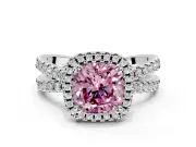 Halo Engagement Ring Setting for Fancy Pink Cushion Cut Center with Double Pave Split Shank and Prong Head in Sterling Silver