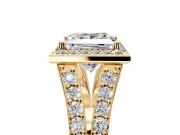 Halo Engagement Ring Setting for Princess Cut Center with Narrow Pave Split Shank and Prong Head in Yellow Gold