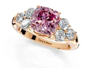 Cluster Engagement Ring Setting for Fancy Pink Cushion Cut Center with Round Cut Accent Frame and Prong Head in Rose Gold