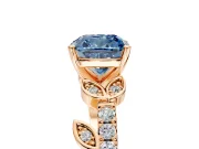 Leaf Motif Engagement Ring Setting for Fancy Blue Cushion Cut Center with Pave Band and Prong Head in Rose Gold