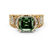 Pave Engagement Ring Setting for Fancy Green Asscher Cut Center with Curved Accent Rows, Openwork and Prong Head in Yellow Gold