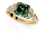 Cluster Engagement Ring Setting for Fancy Green Asscher Cut Center with Bezel Accent Clusters and Prong Head in Yellow Gold