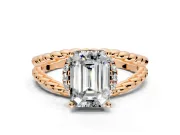 Halo Engagement Ring Setting for Emerald Cut Center with Rope Twist Split Shank and Prong Head in Rose Gold