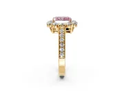 Halo Engagement Ring Setting for Fancy Pink Radiant Cut Center with Milgrain Channel Band and Prong Head in Yellow Gold