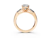 3 Stone Engagement Ring Setting for Cushion Cut Center with Tapered Baguettes, Plain Band and Prong Head in Rose Gold