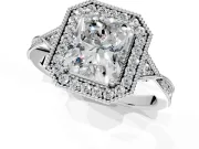 Halo Engagement Ring Setting for Radiant Cut Center with Milgrain Rim, Pave Band and Prong Head in Platinum