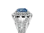 Double Halo Engagement Ring Setting for Fancy Blue Cushion Cut Center with Narrow Pave Split Shank and Prong Head in Platinum