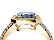 Milgrain Halo Engagement Ring Setting for Fancy Blue Asscher Cut Center with Three-Sided Pave Band and Prong Head in Yellow Gold