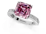 Solitaire Engagement Ring Setting for Fancy Pink Asscher Cut Center with Milgrain-Edged Pave Band and Prong Head in Platinum