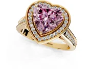 Halo Engagement Ring Setting for Fancy Pink Heart-Shaped Center with Outer Bezel Rim, Pave Band and Prong Head in Yellow Gold