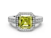 Milgrain Halo Engagement Ring Setting for Fancy Yellow Asscher Cut Center with Pave Band and Prong Head in Sterling Silver