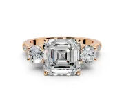 3 Stone Engagement Ring Setting for Asscher Cut Center with Crossover Basket, Pave Band and Prong Head in Rose Gold
