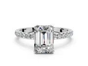 Solitaire Engagement Ring Setting for Emerald Cut Center with Pave Band and Claw Prong Head in White Gold