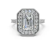 Halo Engagement Ring Setting for Emerald Cut Center with Milgrain Frame, Pave Band and Prong Head in White Gold