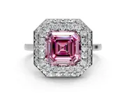 Halo Engagement Ring Setting for Fancy Pink Asscher Cut Center with Plain Tapered Band and Prong Head in White Gold