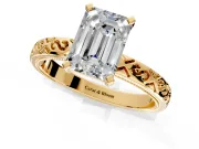Solitaire Engagement Ring Setting for Emerald Cut Center with Scrollwork Band and Prong Head in Yellow Gold