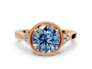 Cluster Engagement Ring Setting for Fancy Blue Round Cut Center with Milgrain Shoulder Clusters and Prong Head in Rose Gold