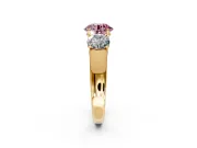 3 Stone Engagement Ring Setting for Fancy Pink Round Cut Center with Raised Basket Heads and Prong Head in Yellow Gold