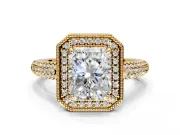 Milgrain Halo Engagement Ring Setting for Radiant Cut Center with Three-Sided Pave Band and Prong Head in Yellow Gold