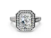 Halo Engagement Ring Setting for Radiant Cut Center with Outer Bezel Rim, Pave Band and Prong Head in Platinum