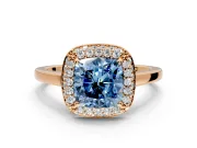 Halo Engagement Ring Setting for Fancy Blue Cushion Cut Center with Plain Tapered Band and Prong Head in Rose Gold